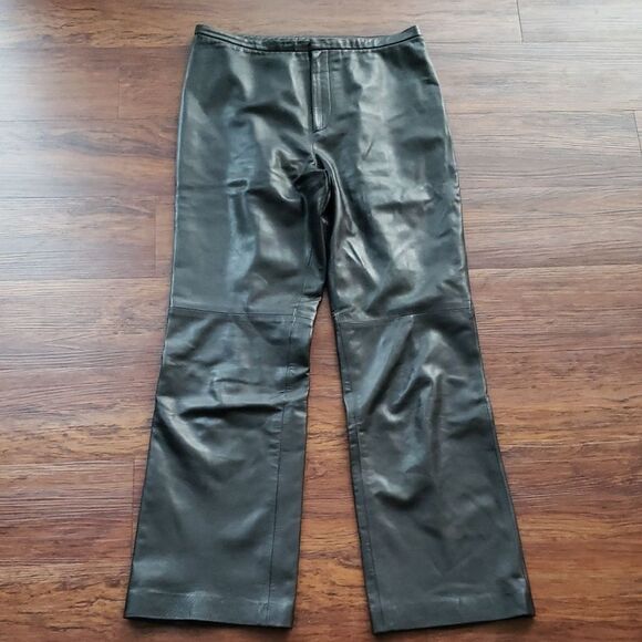 Oscar De La Renta Black Edgy Whimsigoth Feminine 100% Leather Wide Leg Pants - Picture 1 of 7